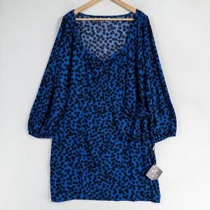 Ava & Viv Faux Wrap Dress Womens 2X Blue Polka Dot Stretch Long Sleeve New